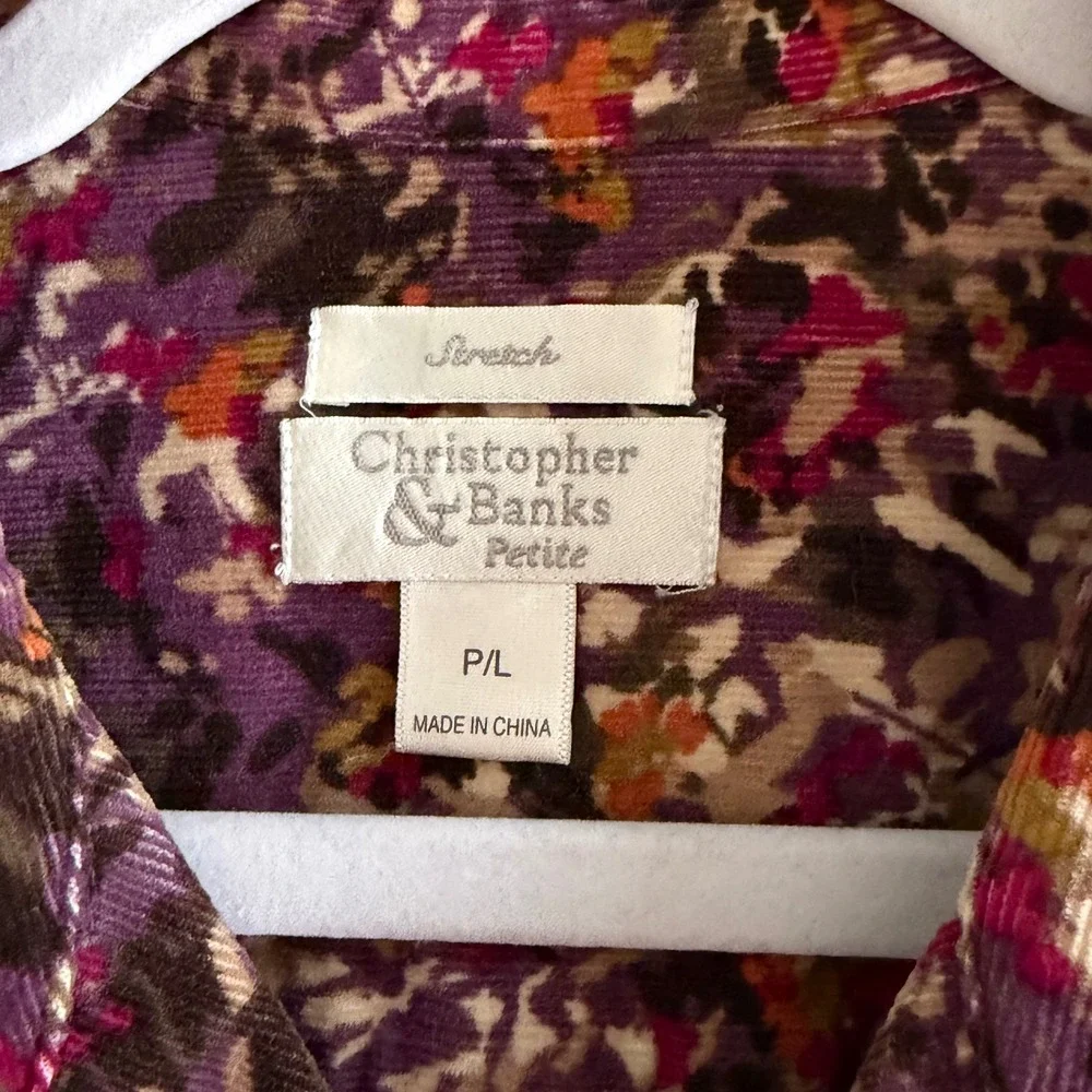 VTG Christopher‎ & Banks Blazer Corduroy Floral Snap Front Purple Petite Large